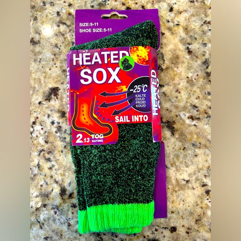 Heated socks, 2.1 3‎ TOG rating. Size 9 through 11.